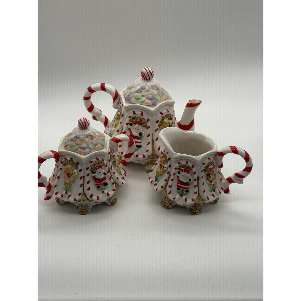 Vintage  Cracker Barrel Christmas Candy Cane Lane 3 Piece Porcelain Tea Set